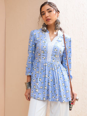 Blue Floral Front Lace Peplum Kurti -Shae by SASSAFRAS