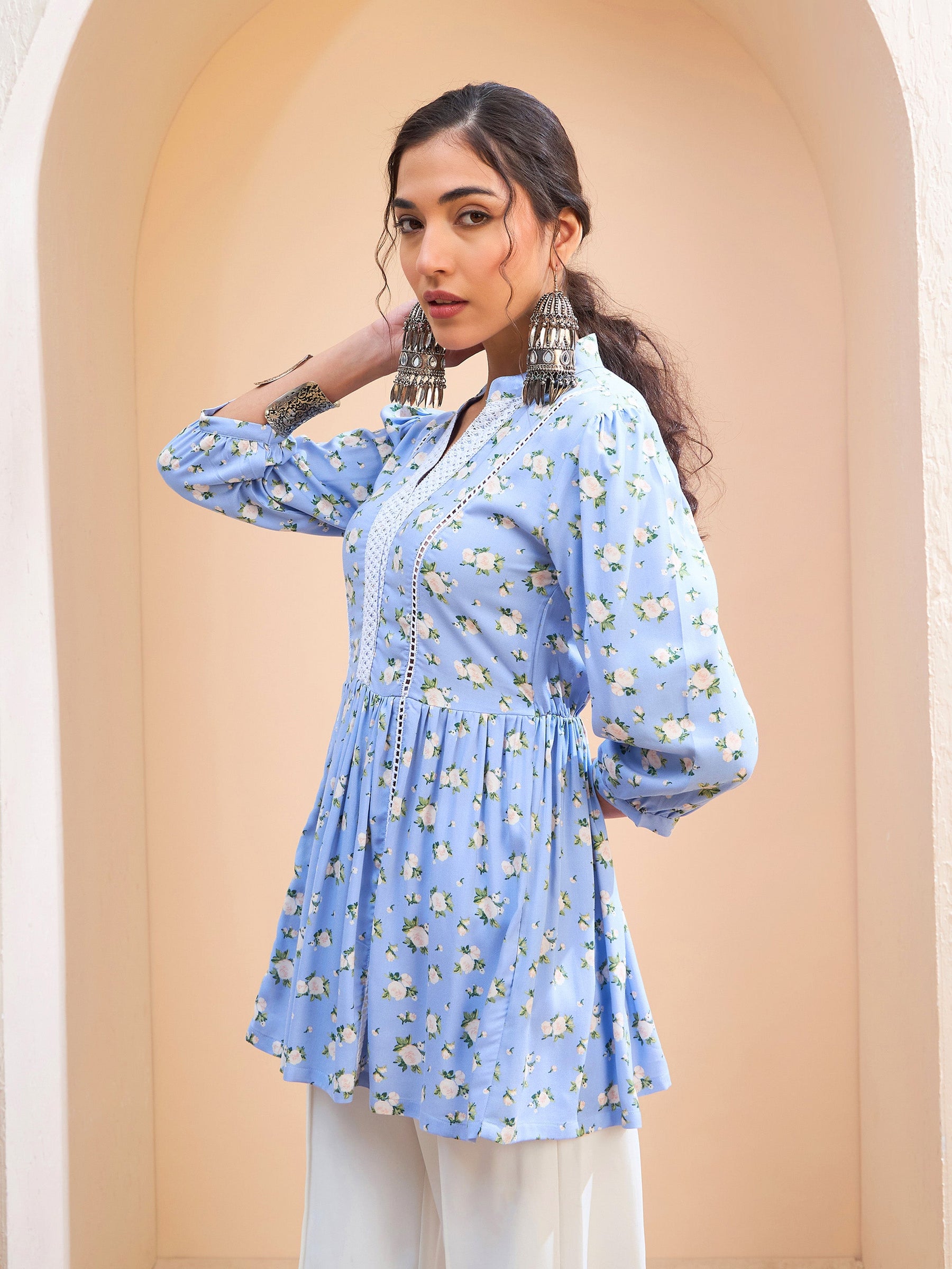 Blue Floral Front Lace Peplum Kurti -Shae by SASSAFRAS