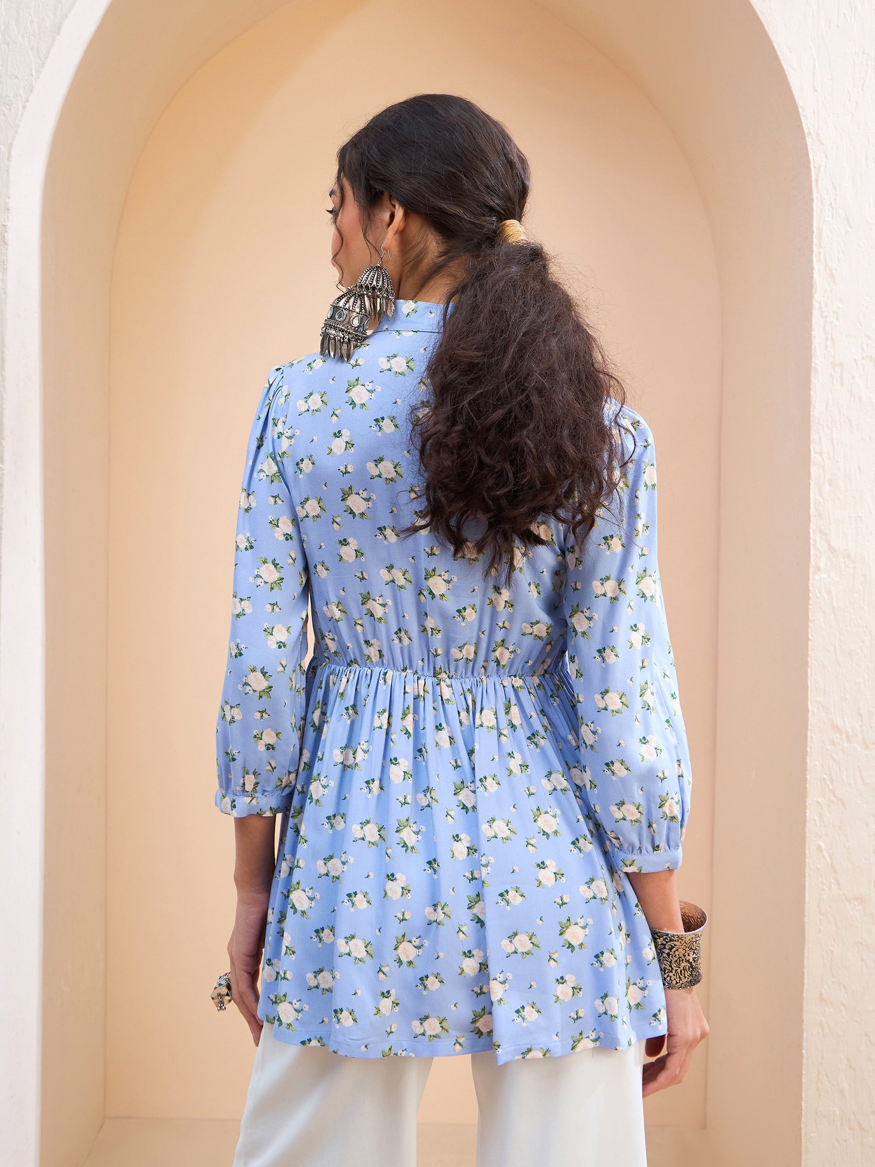 Blue Floral Front Lace Peplum Kurti -Shae by SASSAFRAS