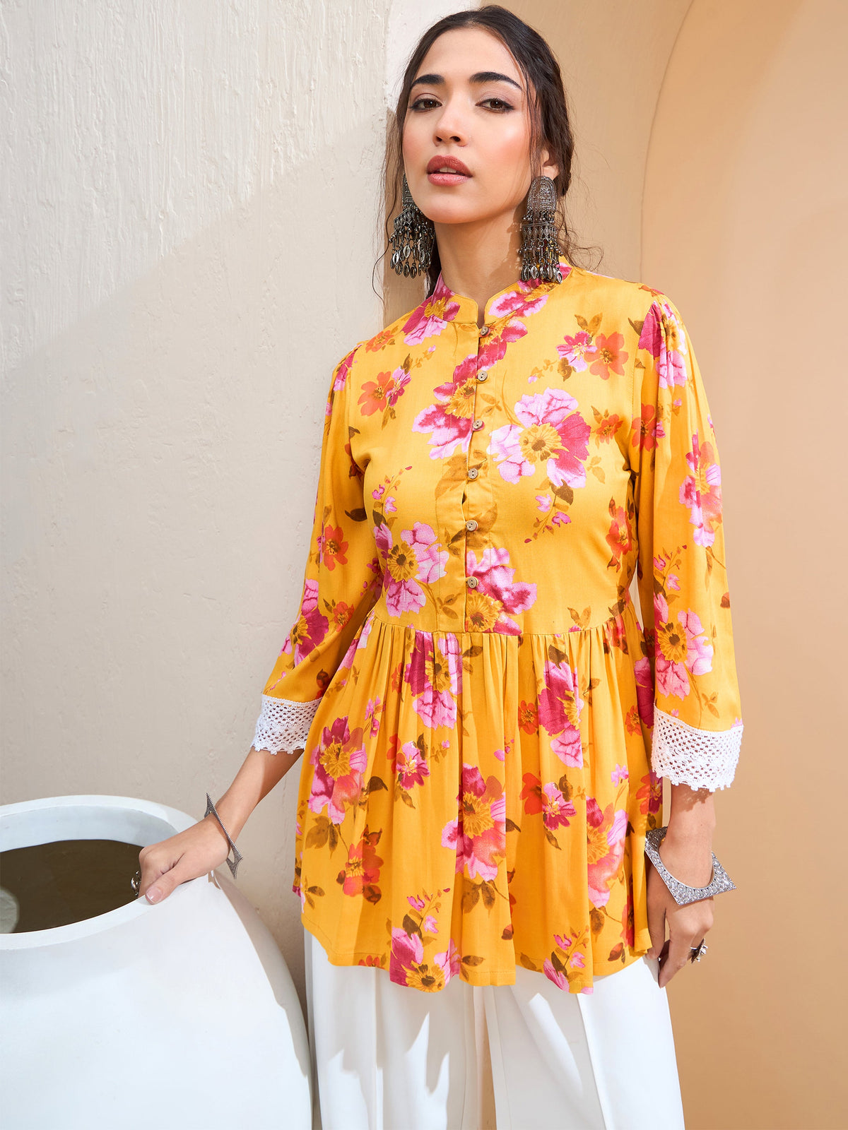 Yellow Floral Buttonned Gathered Kurti-Shae by SASSAFRAS