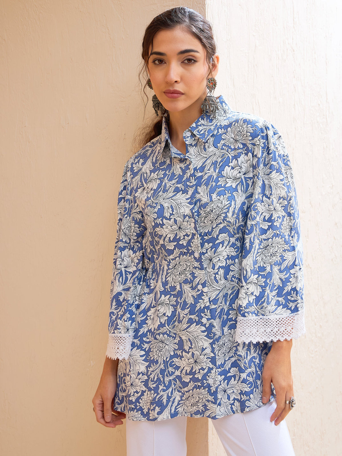 Blue Floral Buttonned Collar Neck Kurti -Shae by SASSAFRAS