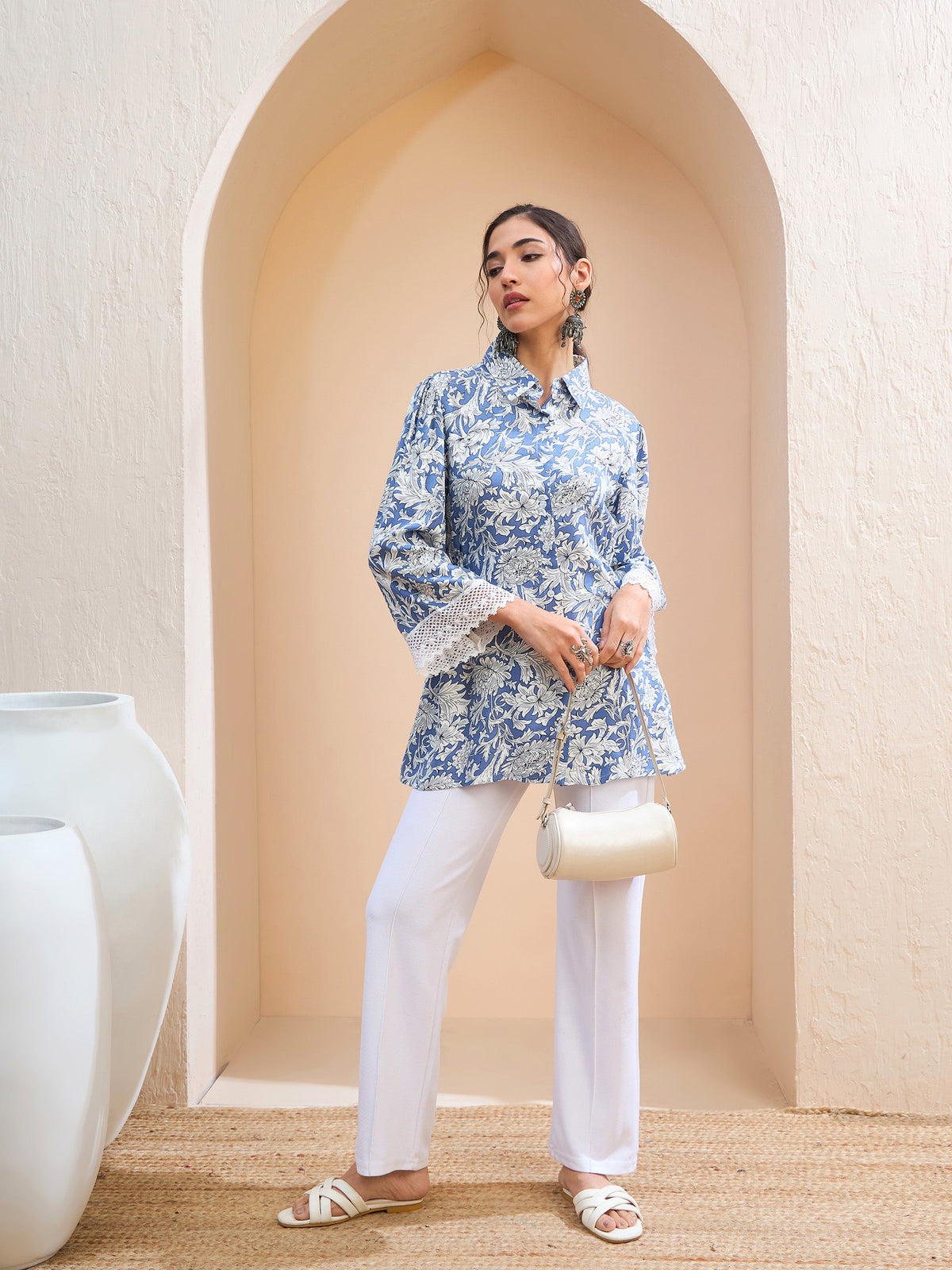 Blue Floral Buttonned Collar Neck Kurti -Shae by SASSAFRAS