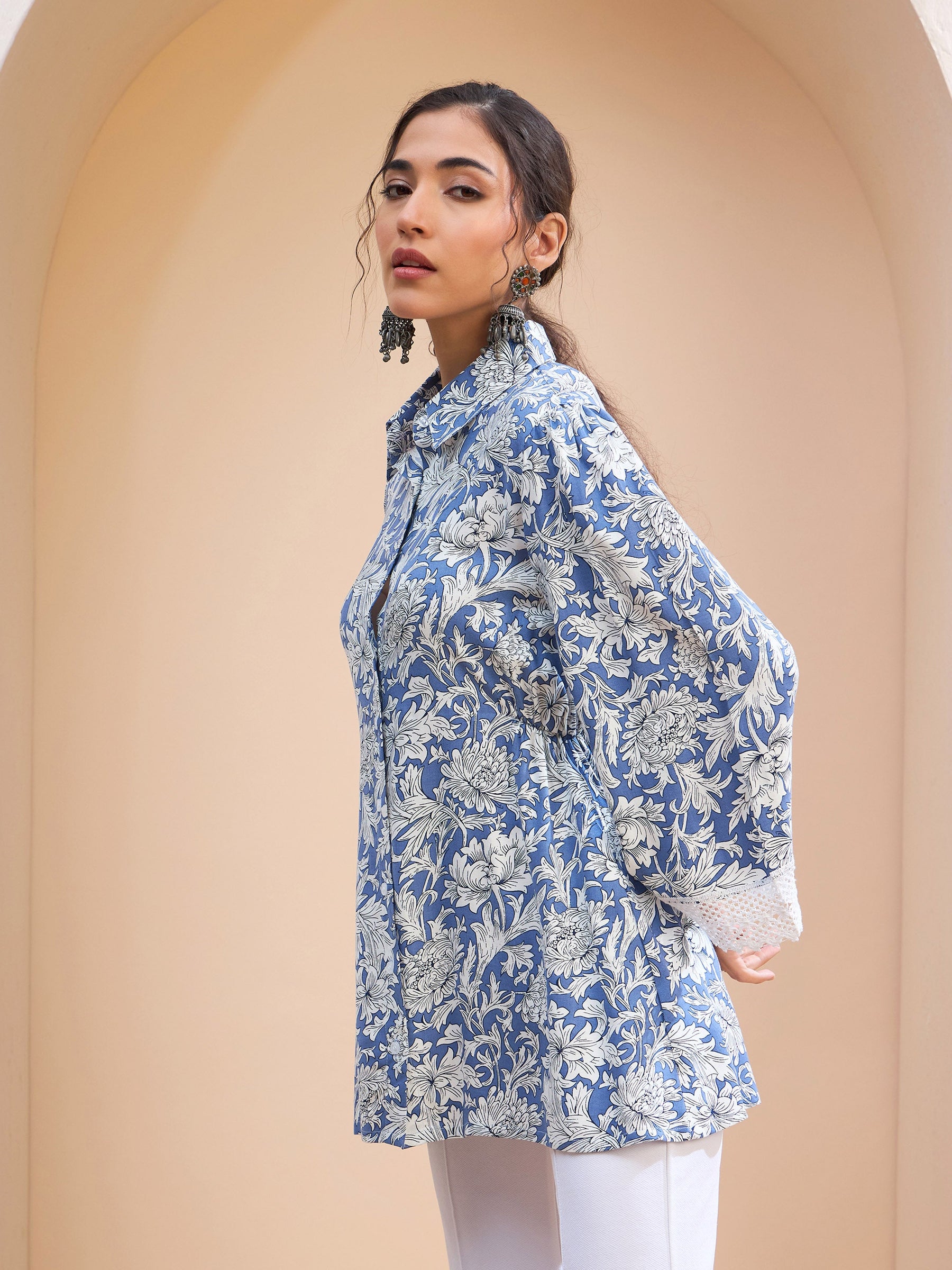 Blue Floral Buttonned Collar Neck Kurti -Shae by SASSAFRAS