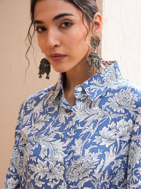 Blue Floral Buttonned Collar Neck Kurti -Shae by SASSAFRAS