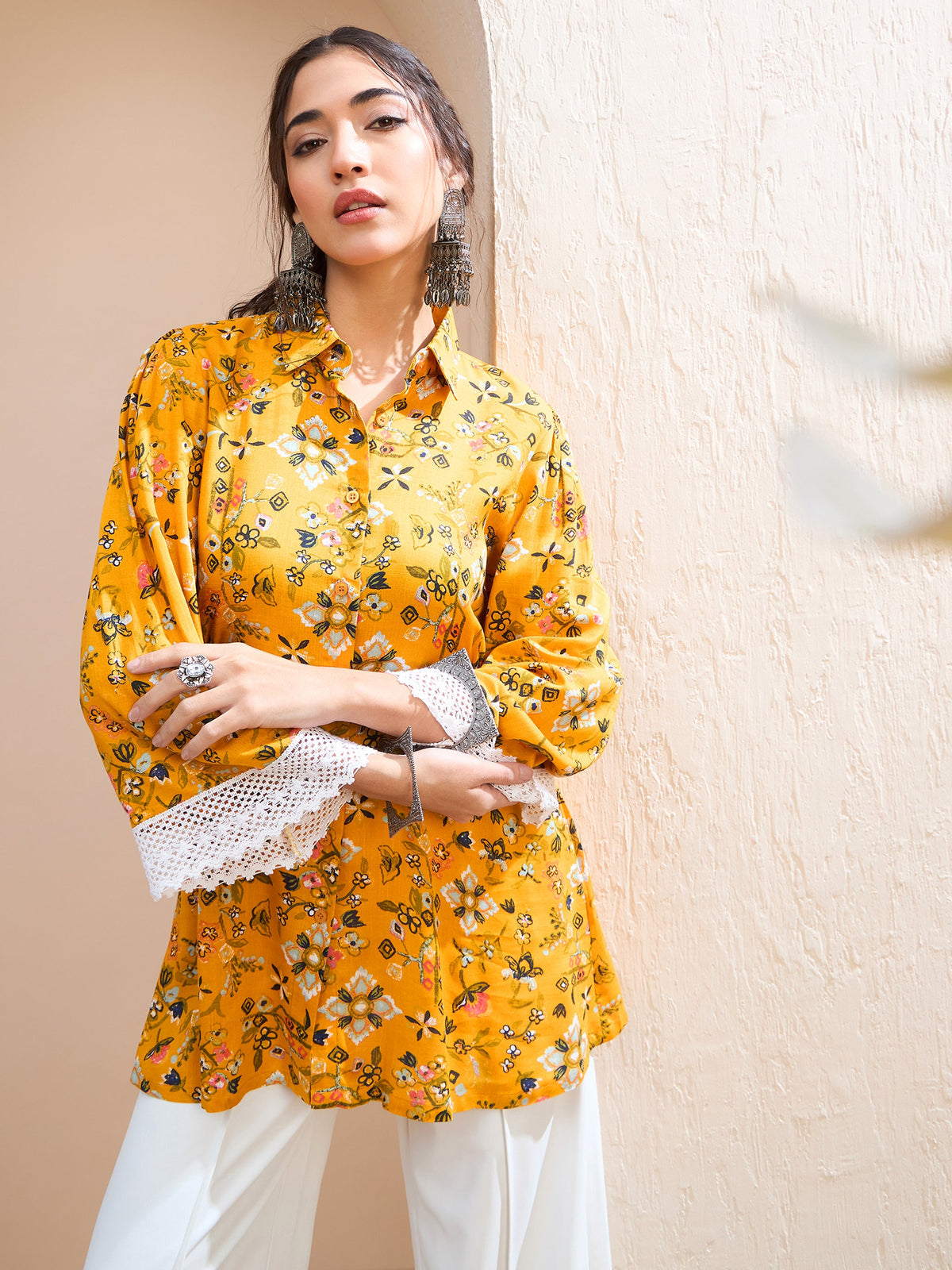 Mustard Floral Buttonned Collar Neck Kurti -Shae by SASSAFRAS