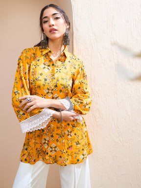 Mustard Floral Buttonned Collar Neck Kurti -Shae by SASSAFRAS