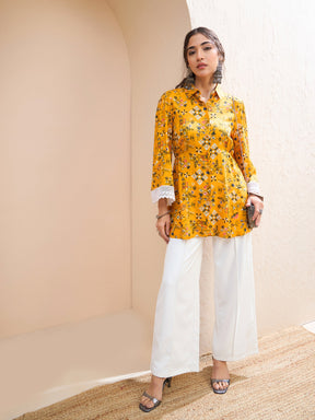 Mustard Floral Buttonned Collar Neck Kurti -Shae by SASSAFRAS