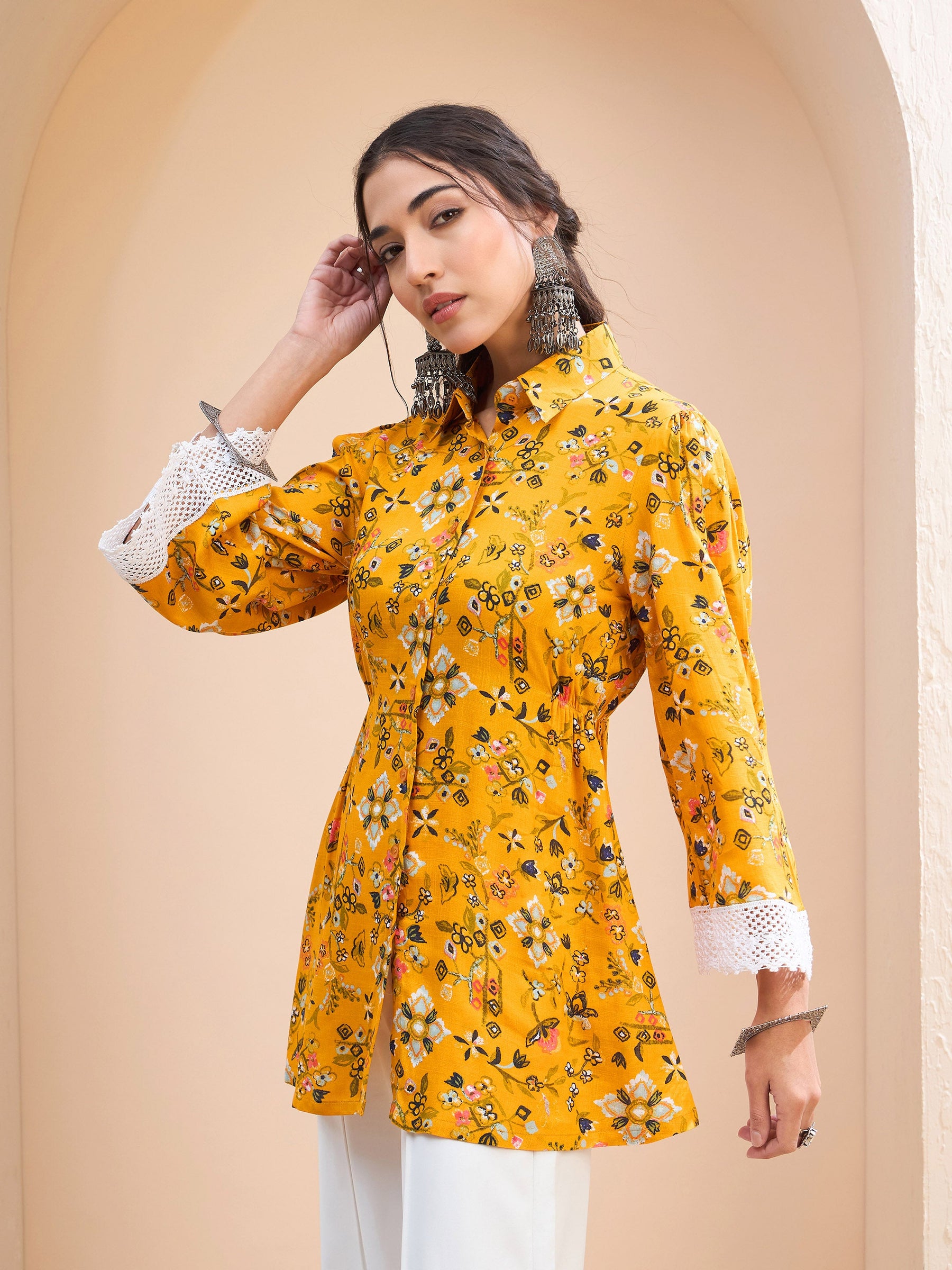 Mustard Floral Buttonned Collar Neck Kurti -Shae by SASSAFRAS