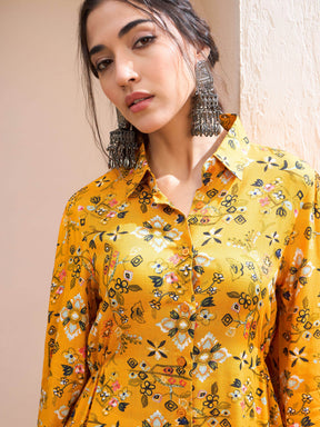 Mustard Floral Buttonned Collar Neck Kurti -Shae by SASSAFRAS