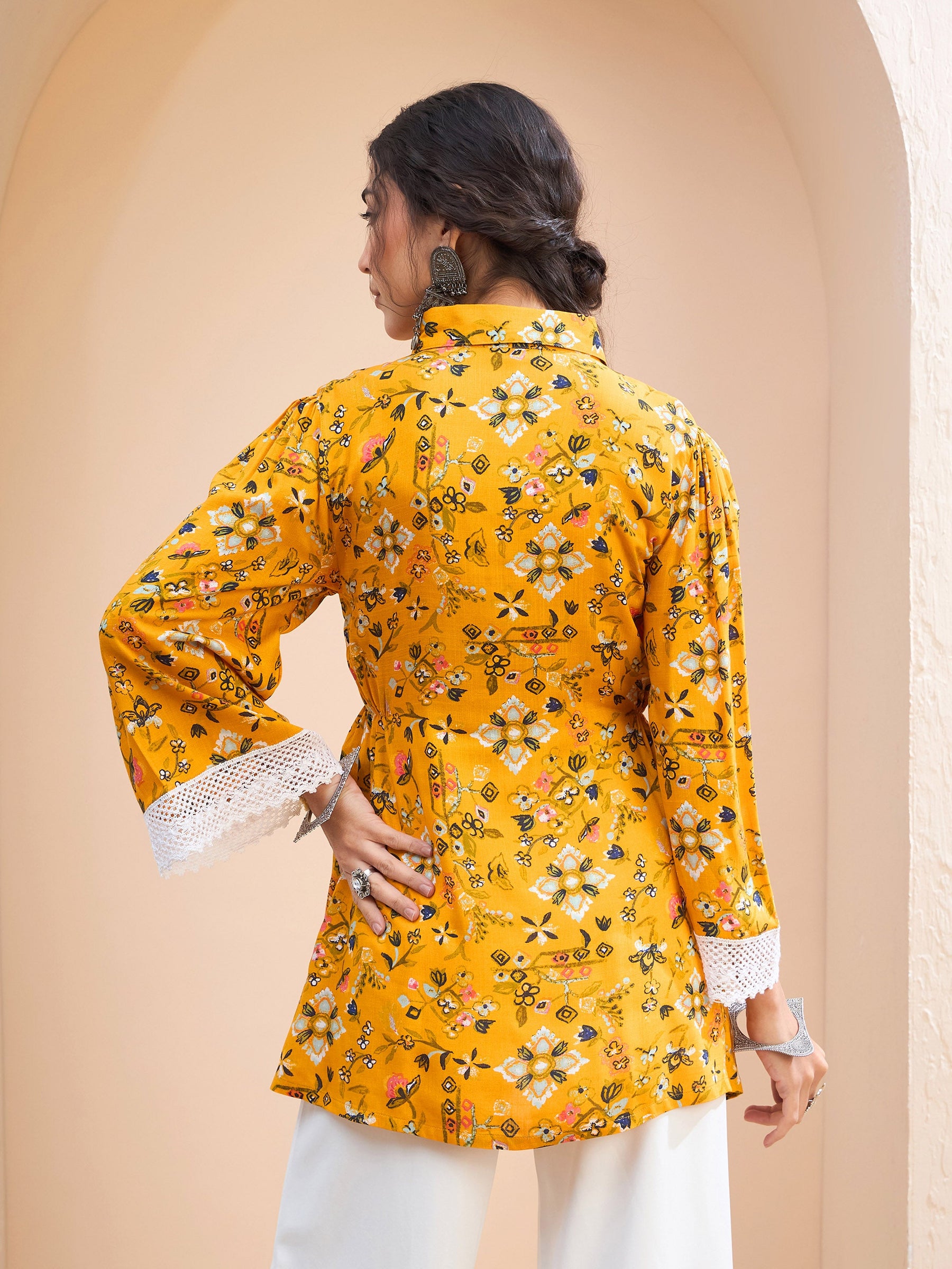 Mustard Floral Buttonned Collar Neck Kurti -Shae by SASSAFRAS