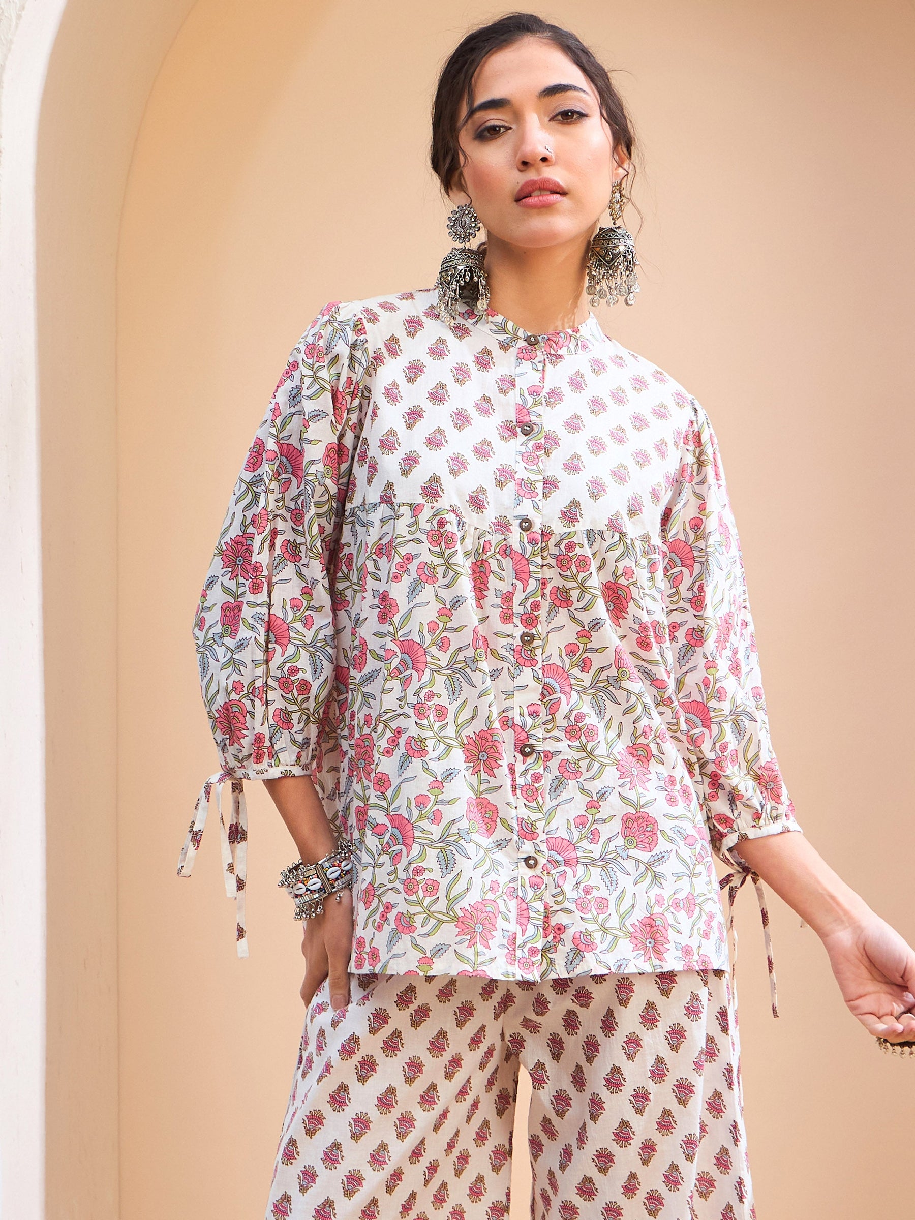 White Floral Sleeve Knot Buttonned Kurti -Shae by SASSAFRAS