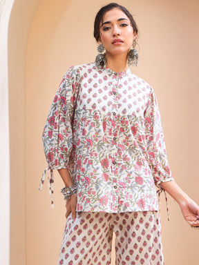 White Floral Sleeve Knot Buttonned Kurti -Shae by SASSAFRAS