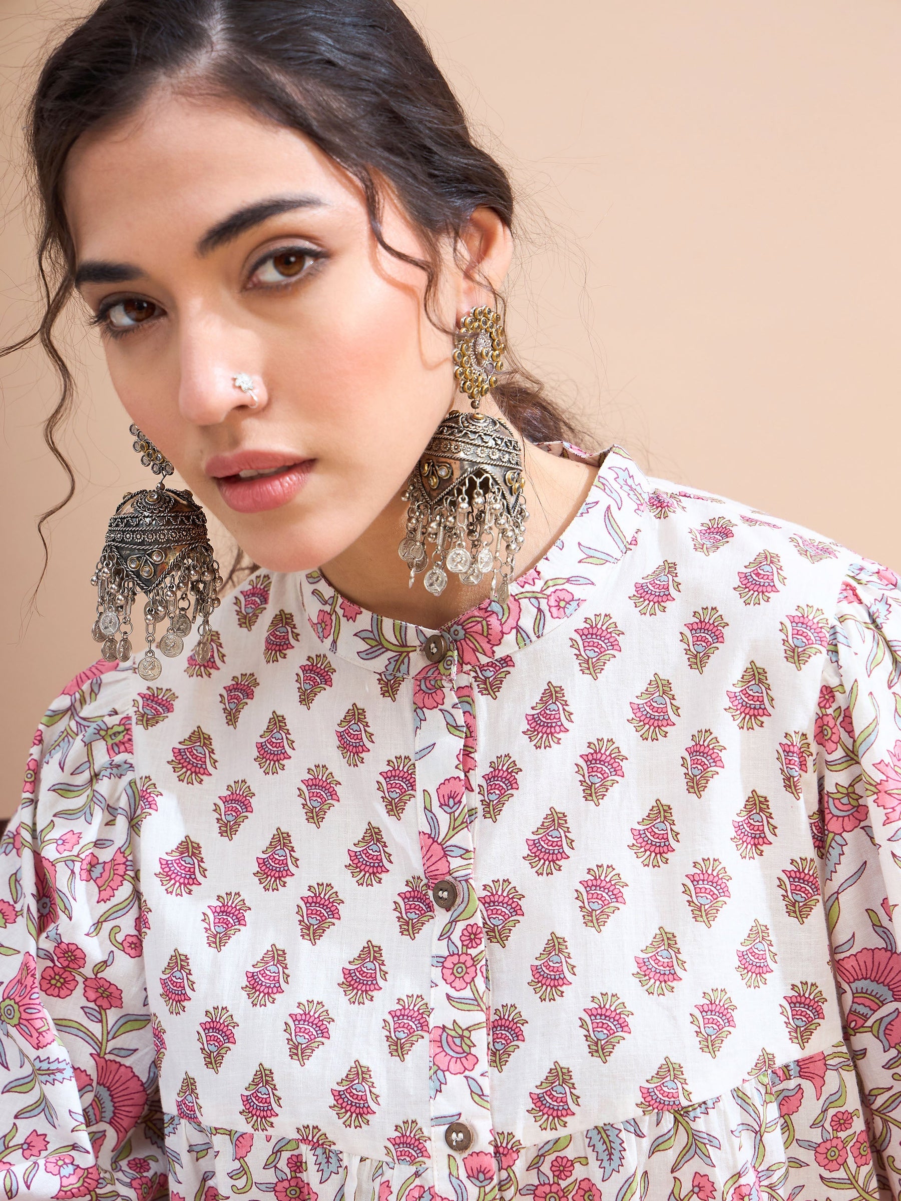 White Floral Sleeve Knot Buttonned Kurti -Shae by SASSAFRAS