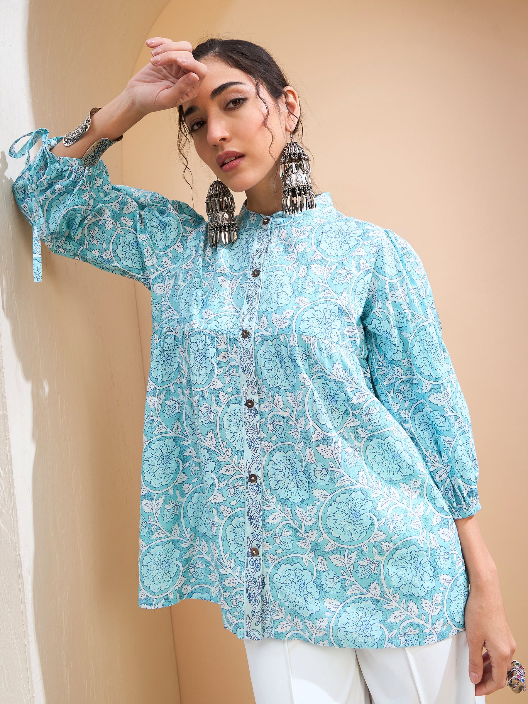 Blue Floral Sleeve Knot Buttonned Kurti -Shae by SASSAFRAS