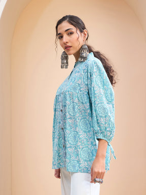 Blue Floral Sleeve Knot Buttonned Kurti -Shae by SASSAFRAS