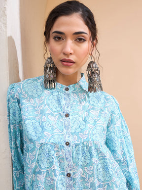 Blue Floral Sleeve Knot Buttonned Kurti -Shae by SASSAFRAS