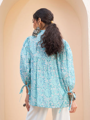 Blue Floral Sleeve Knot Buttonned Kurti -Shae by SASSAFRAS