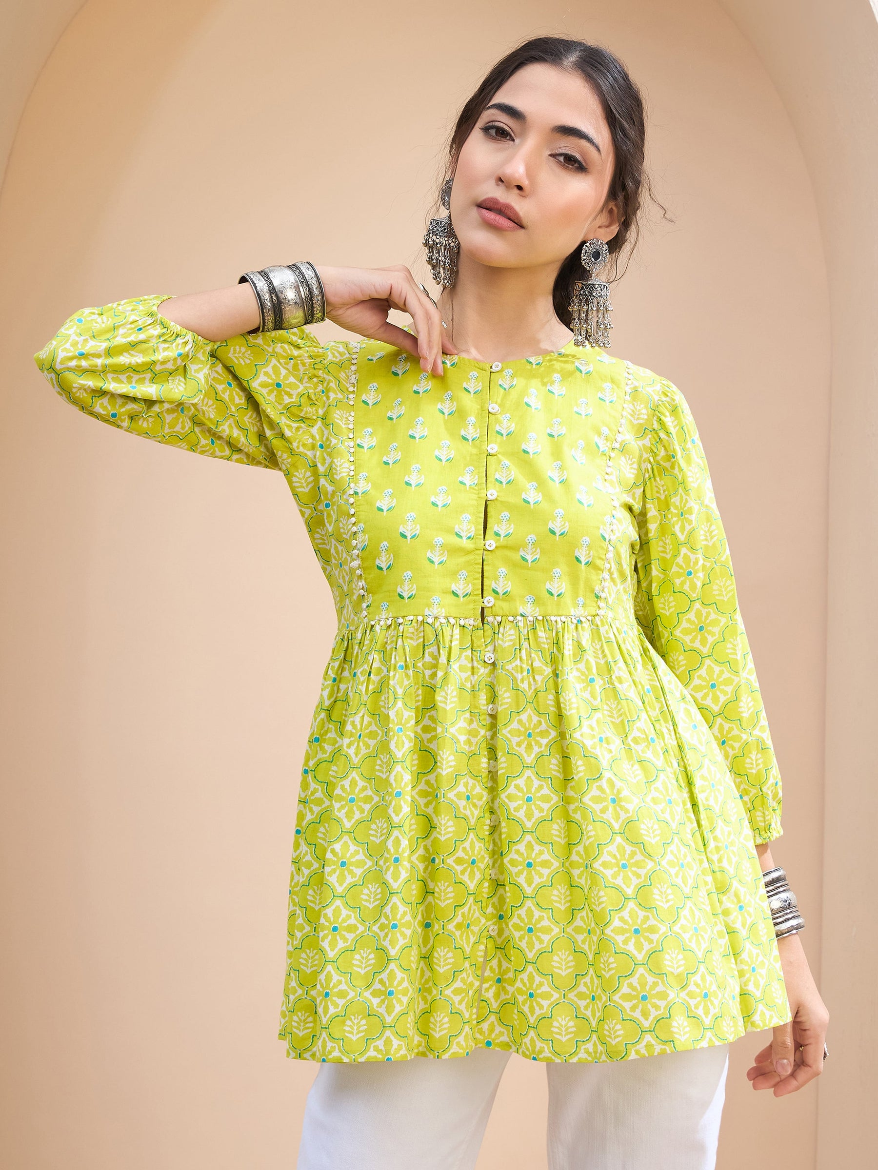 Lime Green Floral Buttonned Lace Neck Gathered Kurti -Shae by SASSAFRAS