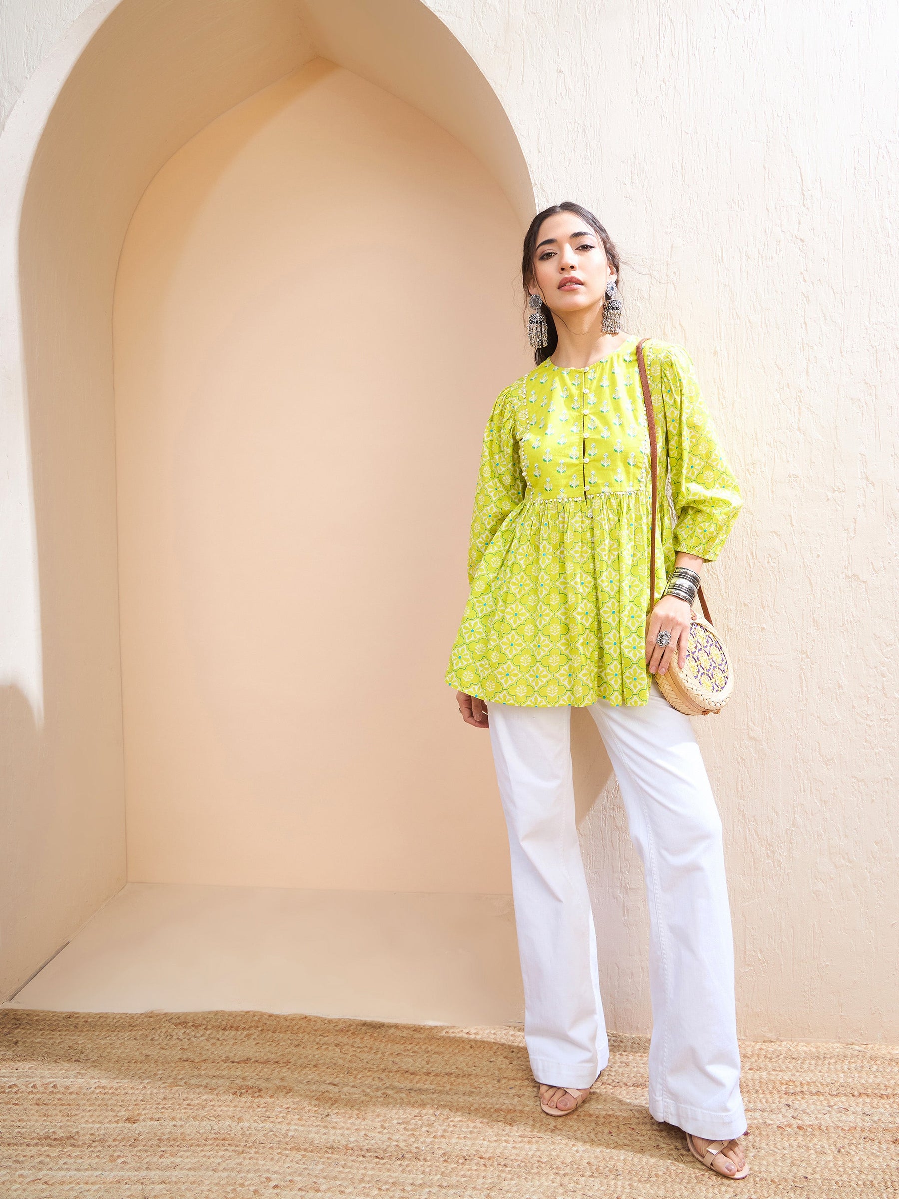 Lime Green Floral Buttonned Lace Neck Gathered Kurti -Shae by SASSAFRAS