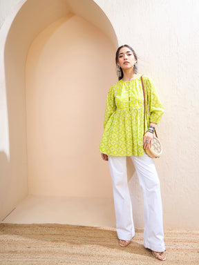 Lime Green Floral Buttonned Lace Neck Gathered Kurti -Shae by SASSAFRAS