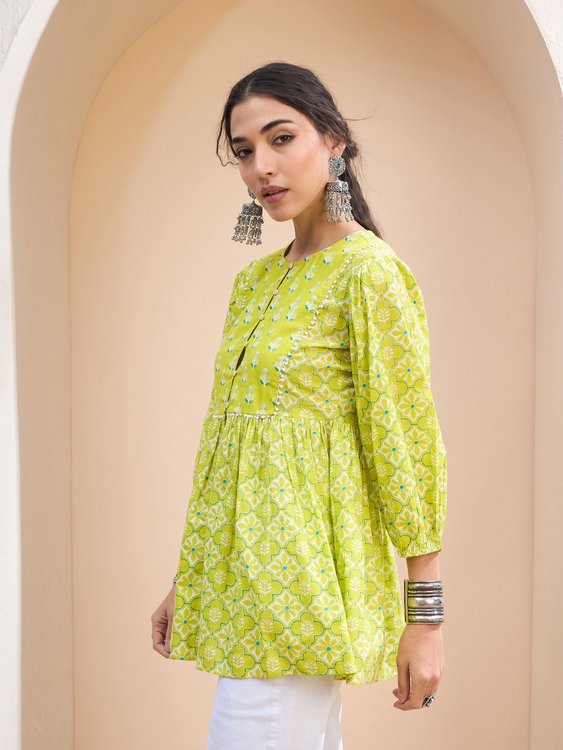 Lime Green Floral Buttonned Lace Neck Gathered Kurti -Shae by SASSAFRAS