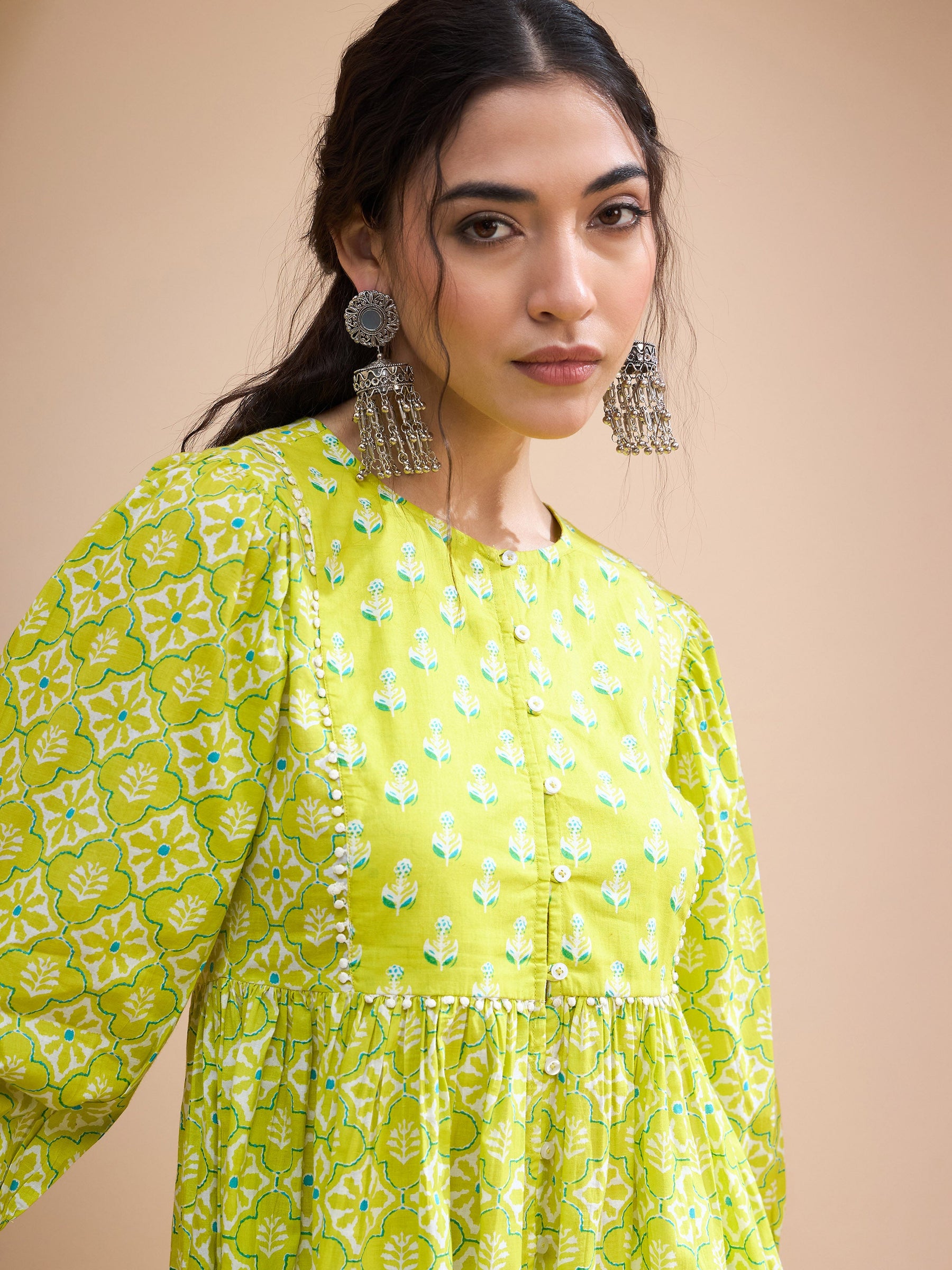 Lime Green Floral Buttonned Lace Neck Gathered Kurti -Shae by SASSAFRAS