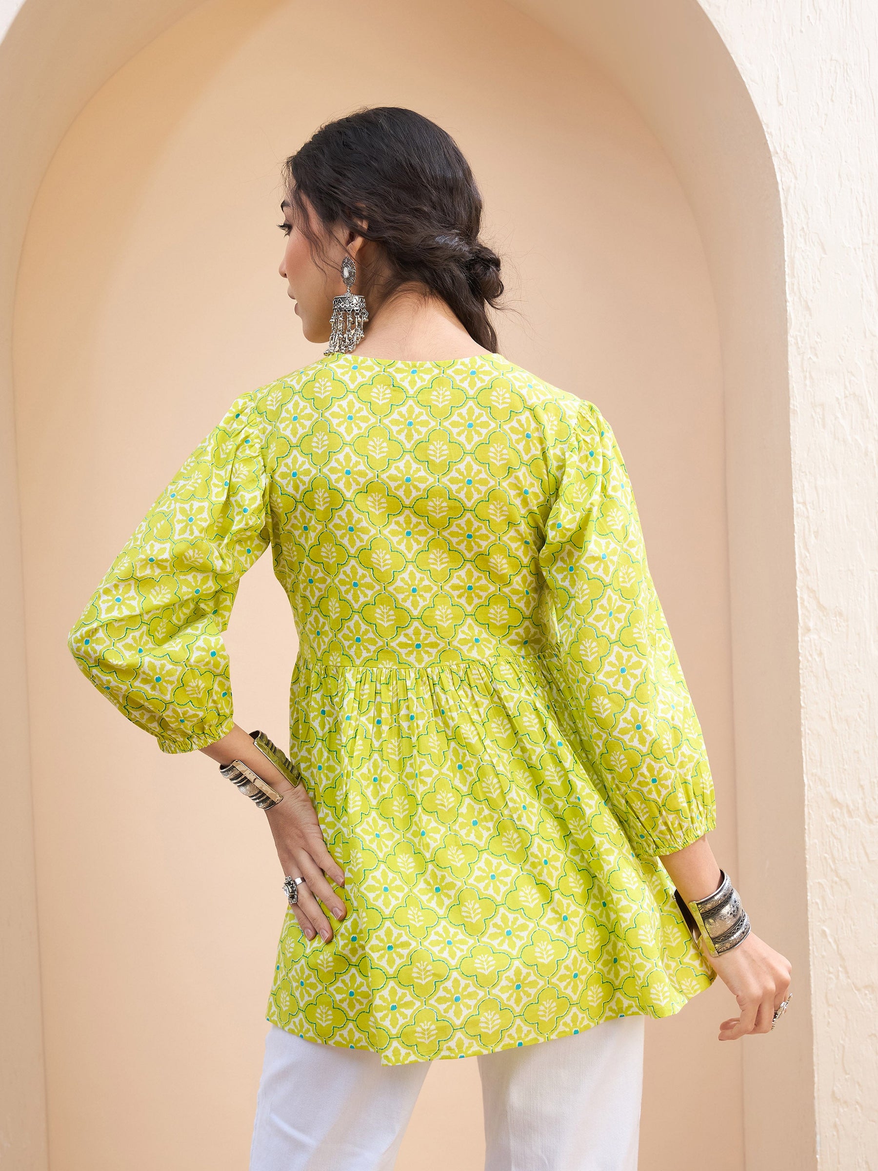 Lime Green Floral Buttonned Lace Neck Gathered Kurti -Shae by SASSAFRAS