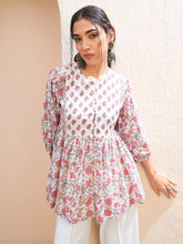 White Floral Buttonned Lace Neck Gathered Kurti -Shae by SASSAFRAS