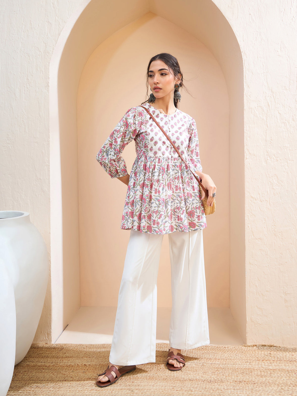 White Floral Buttonned Lace Neck Gathered Kurti -Shae by SASSAFRAS