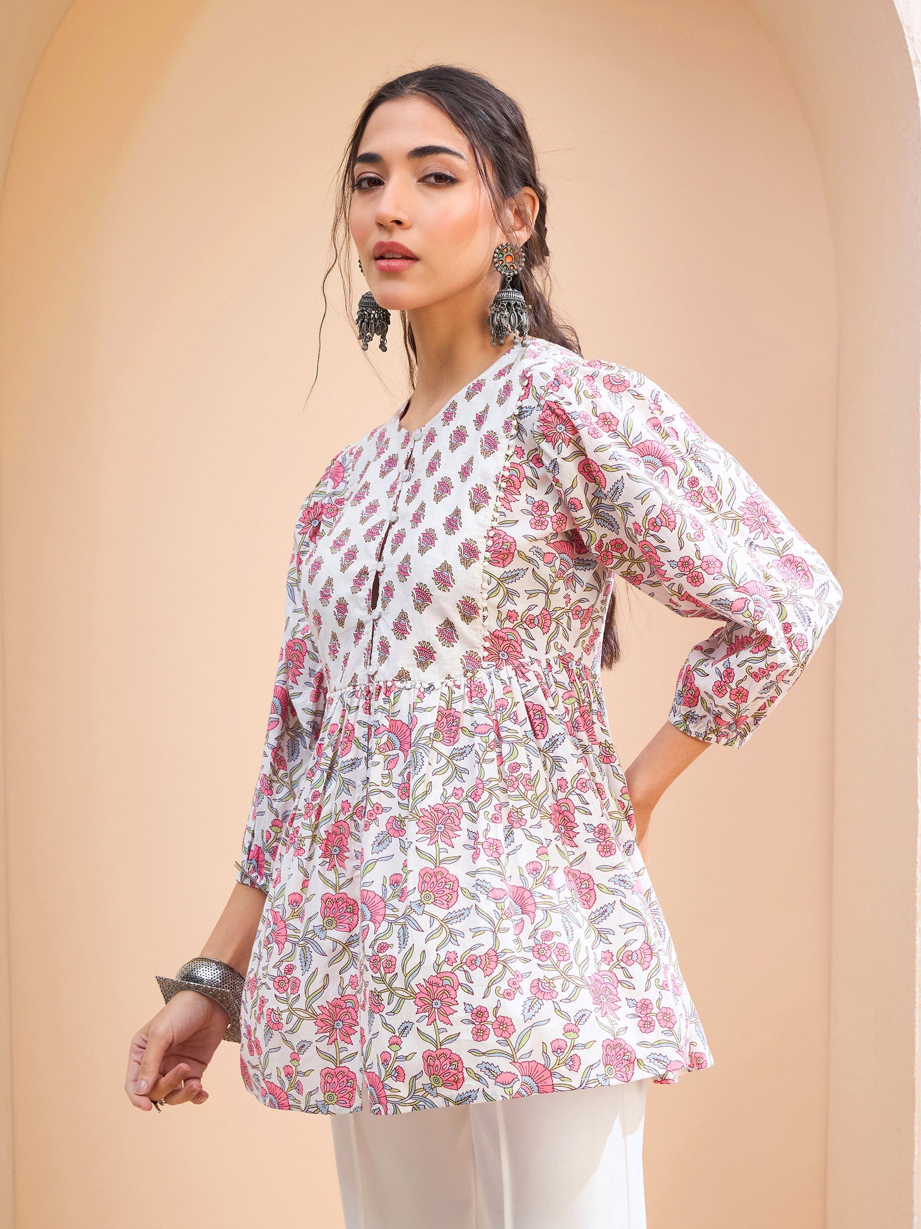 White Floral Buttonned Lace Neck Gathered Kurti -Shae by SASSAFRAS