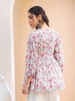 White Floral Buttonned Lace Neck Gathered Kurti -Shae by SASSAFRAS