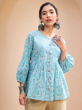 Blue Floral Wood Buttonned Gathered Kurti-Shae by SASSAFRAS