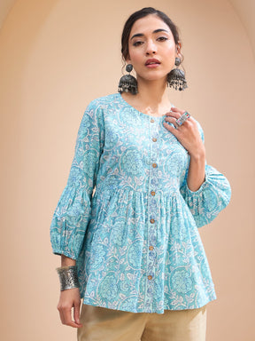 Blue Floral Wood Buttonned Gathered Kurti-Shae by SASSAFRAS