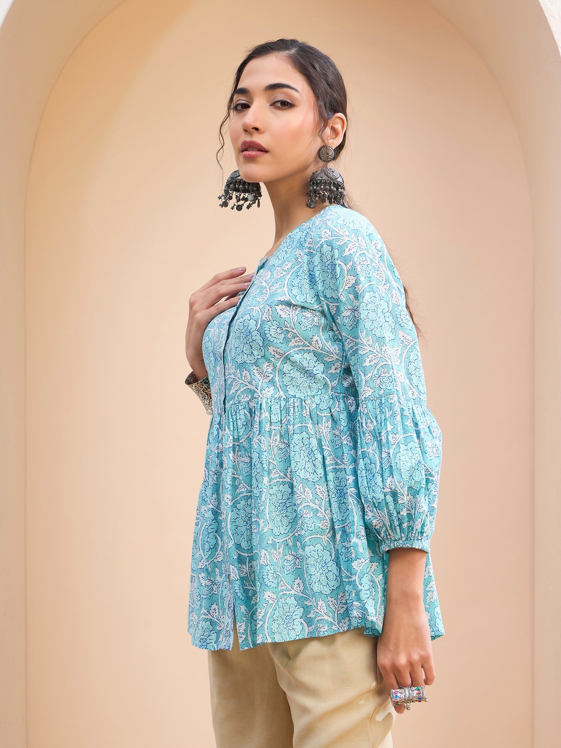 Blue Floral Wood Buttonned Gathered Kurti-Shae by SASSAFRAS