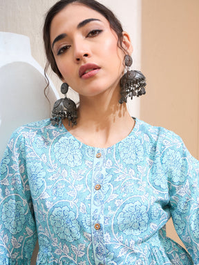 Blue Floral Wood Buttonned Gathered Kurti-Shae by SASSAFRAS