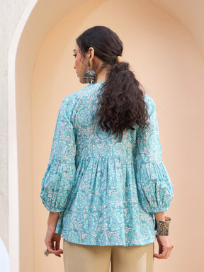 Blue Floral Wood Buttonned Gathered Kurti-Shae by SASSAFRAS