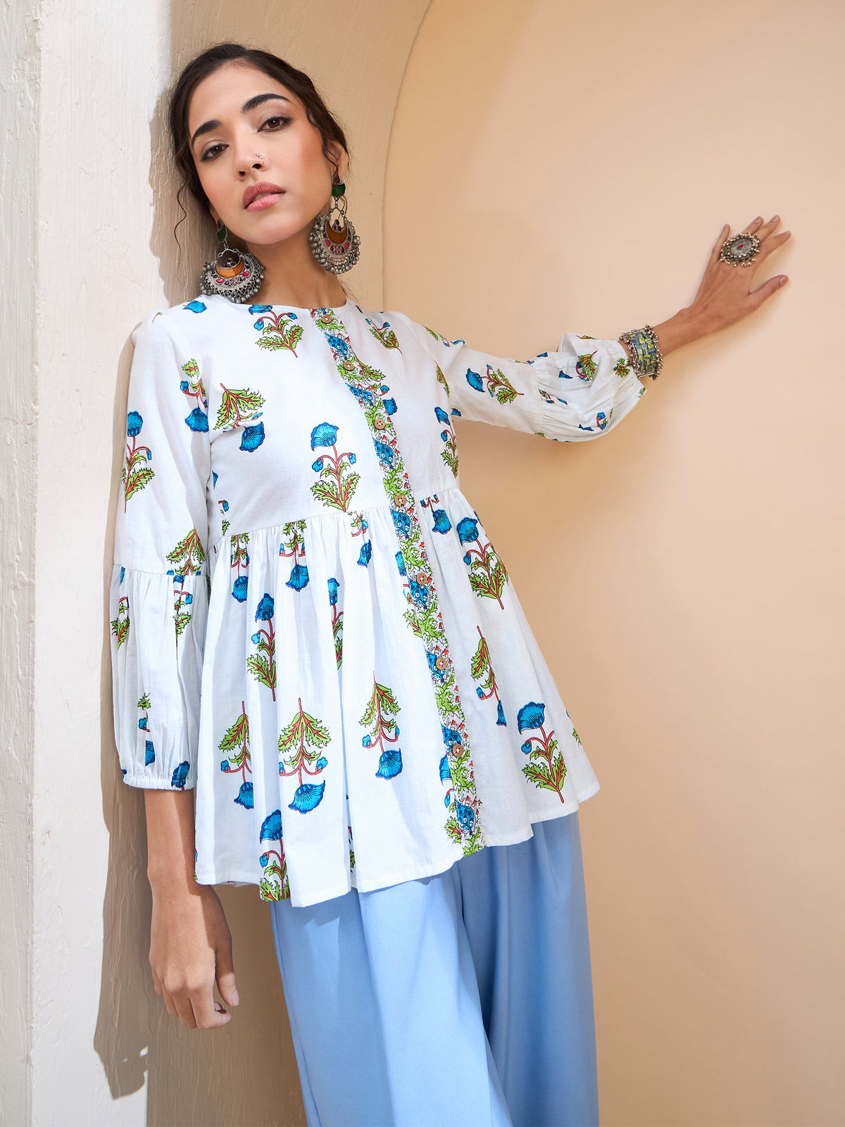 White Floral Wood Buttonned Gathered Kurti -Shae by SASSAFRAS