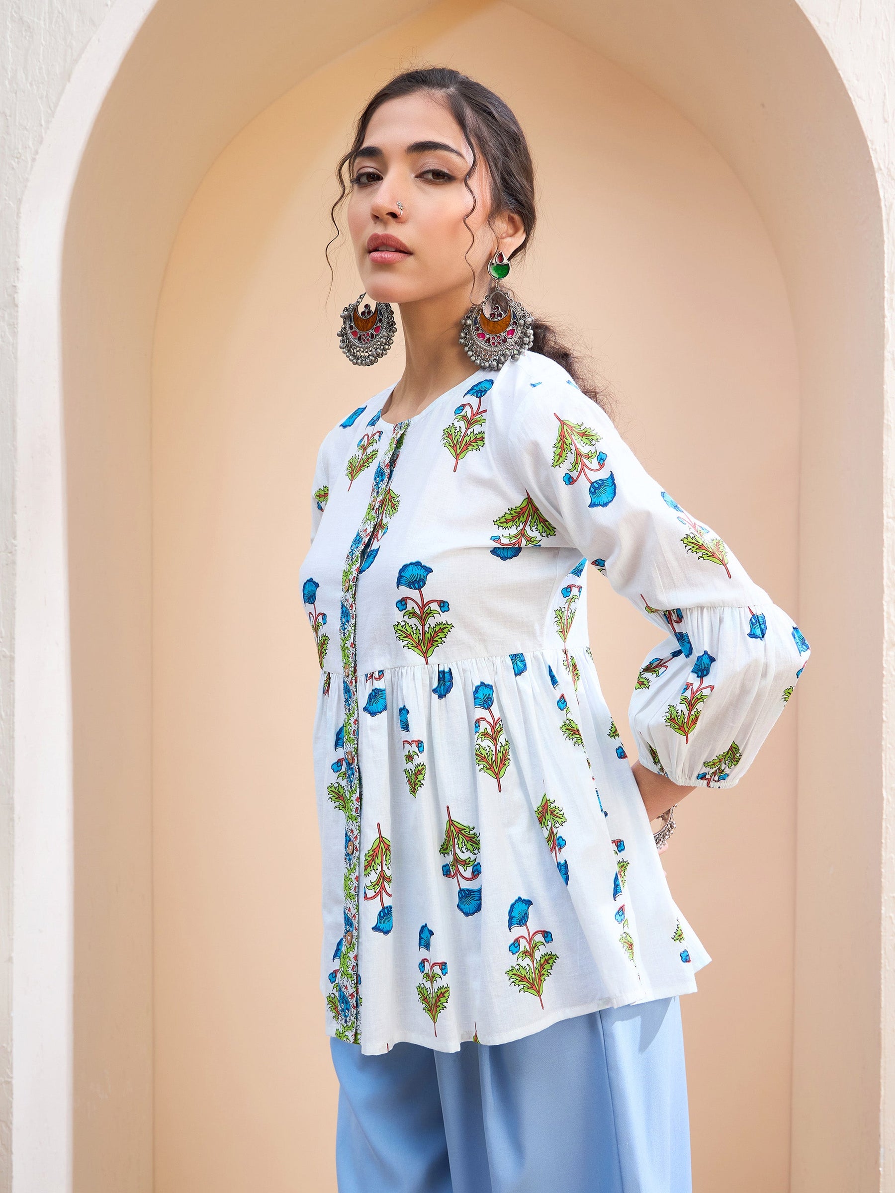 White Floral Wood Buttonned Gathered Kurti -Shae by SASSAFRAS