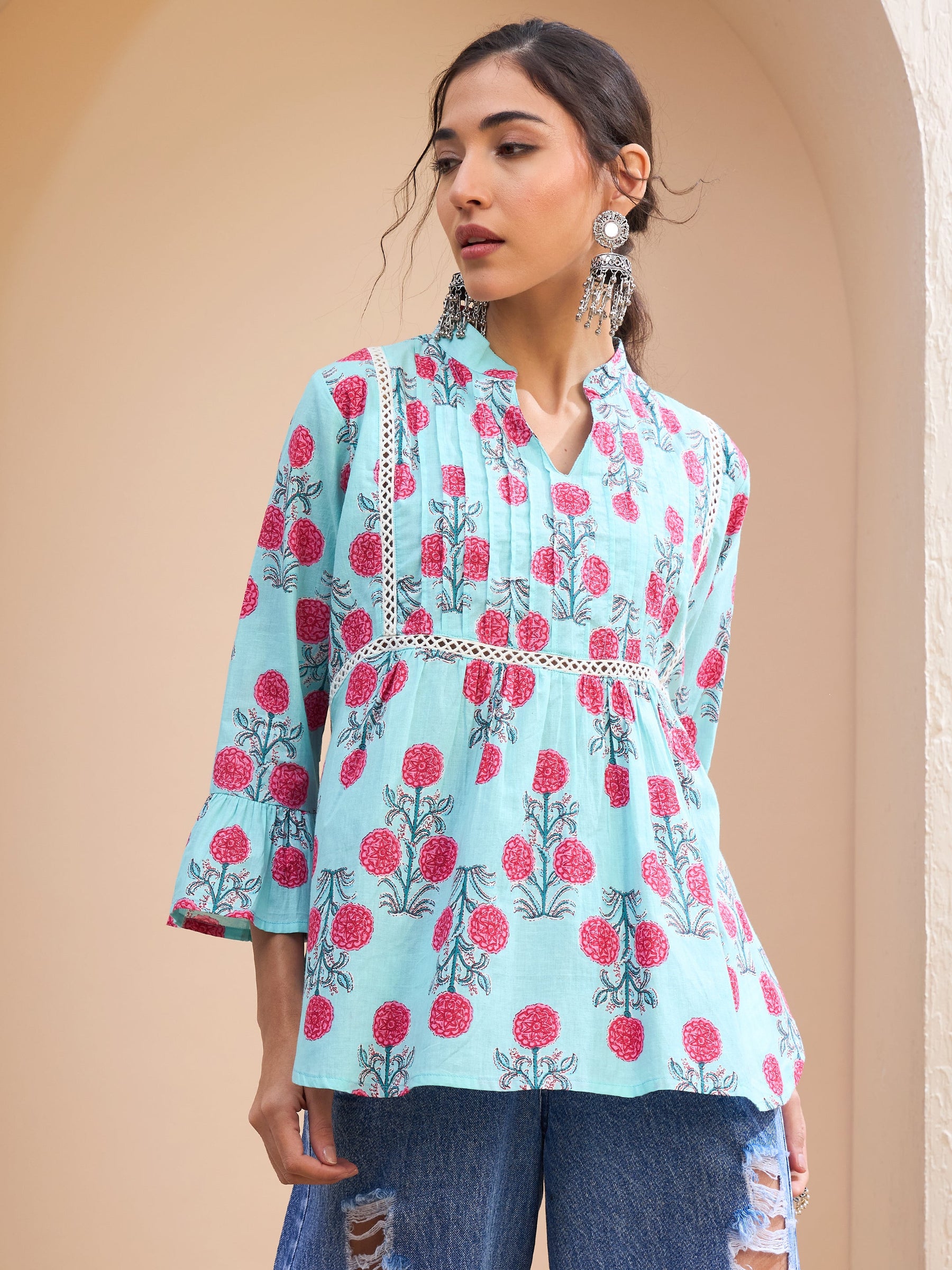 Blue Floral Front Pin Tuck Kurti -Shae by SASSAFRAS