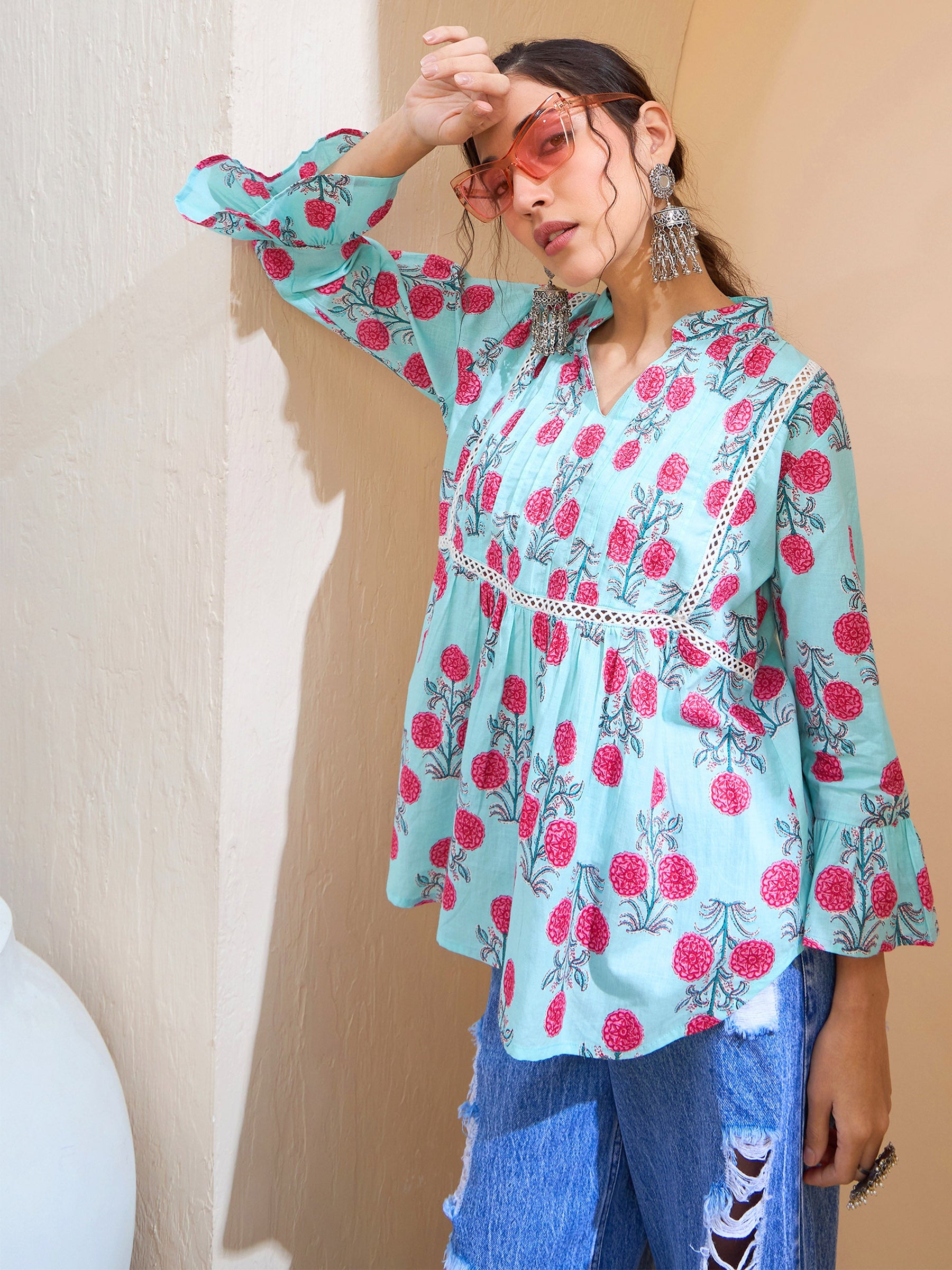 Blue Floral Front Pin Tuck Kurti -Shae by SASSAFRAS