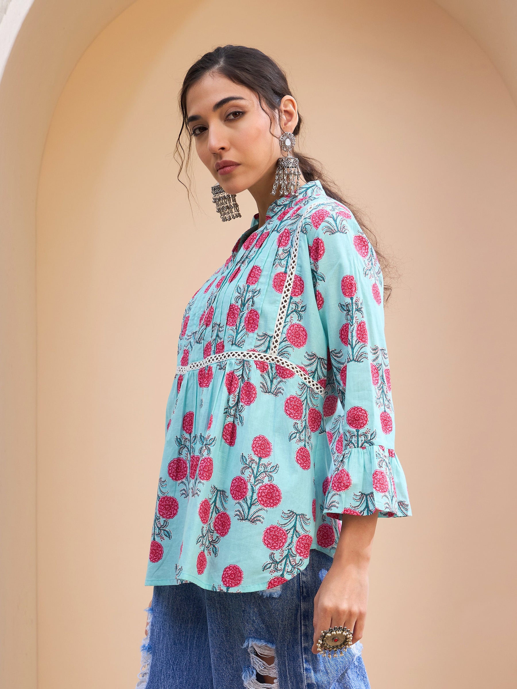 Blue Floral Front Pin Tuck Kurti -Shae by SASSAFRAS