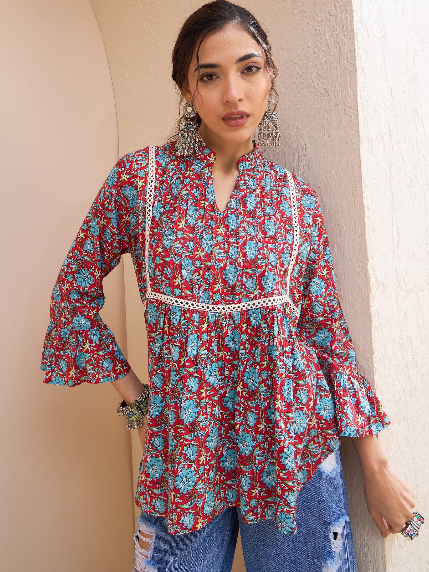 Red Floral Front Pin Tuck Kurti -Shae by SASSAFRAS