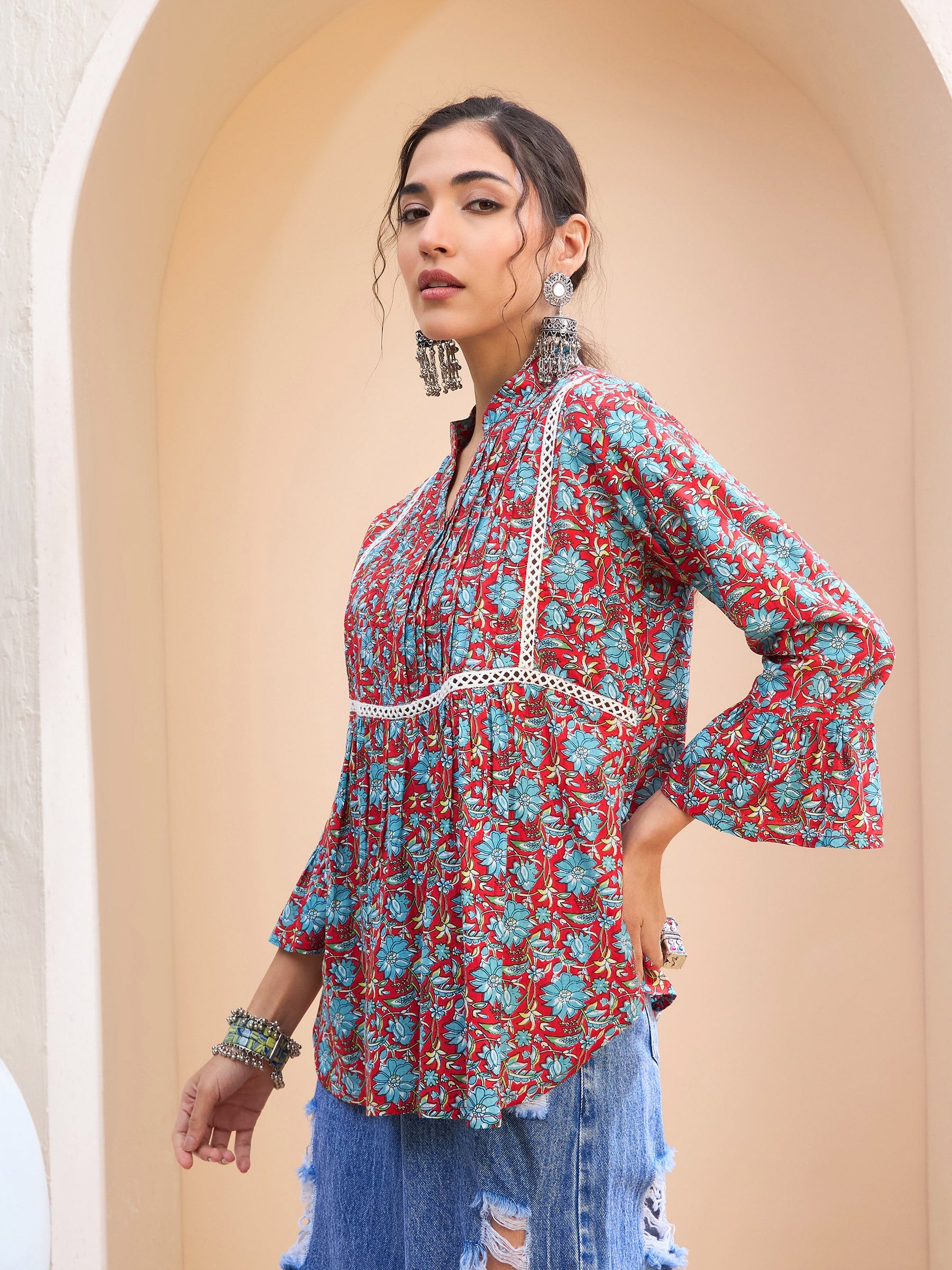 Red Floral Front Pin Tuck Kurti -Shae by SASSAFRAS