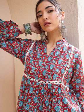 Red Floral Front Pin Tuck Kurti -Shae by SASSAFRAS