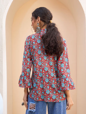 Red Floral Front Pin Tuck Kurti -Shae by SASSAFRAS