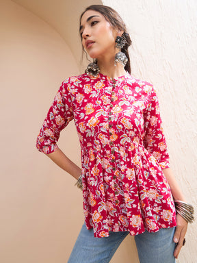 Red Floral Buttonned Gathered Kurti -Shae by SASSAFRAS