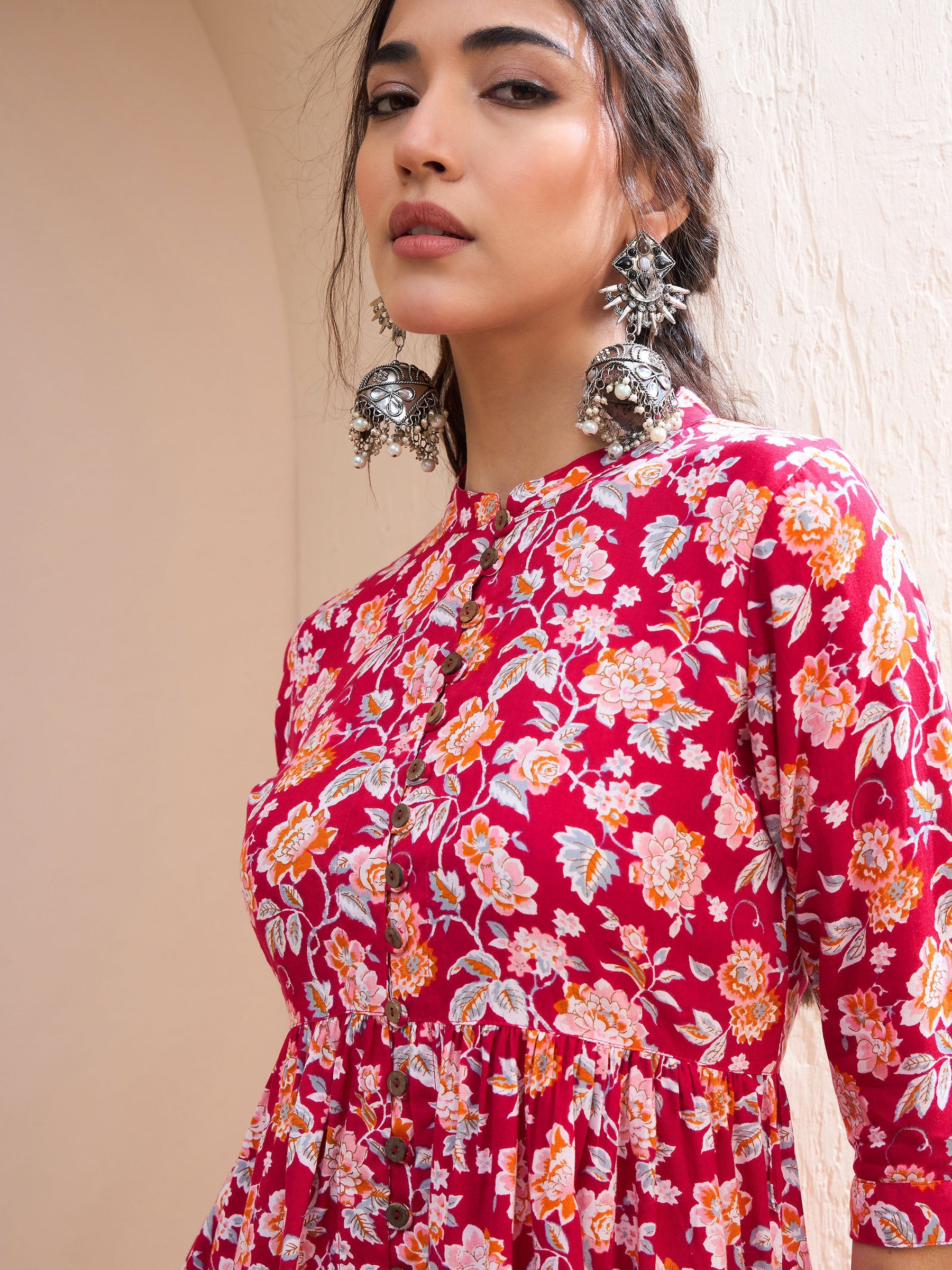 Red Floral Buttonned Gathered Kurti -Shae by SASSAFRAS