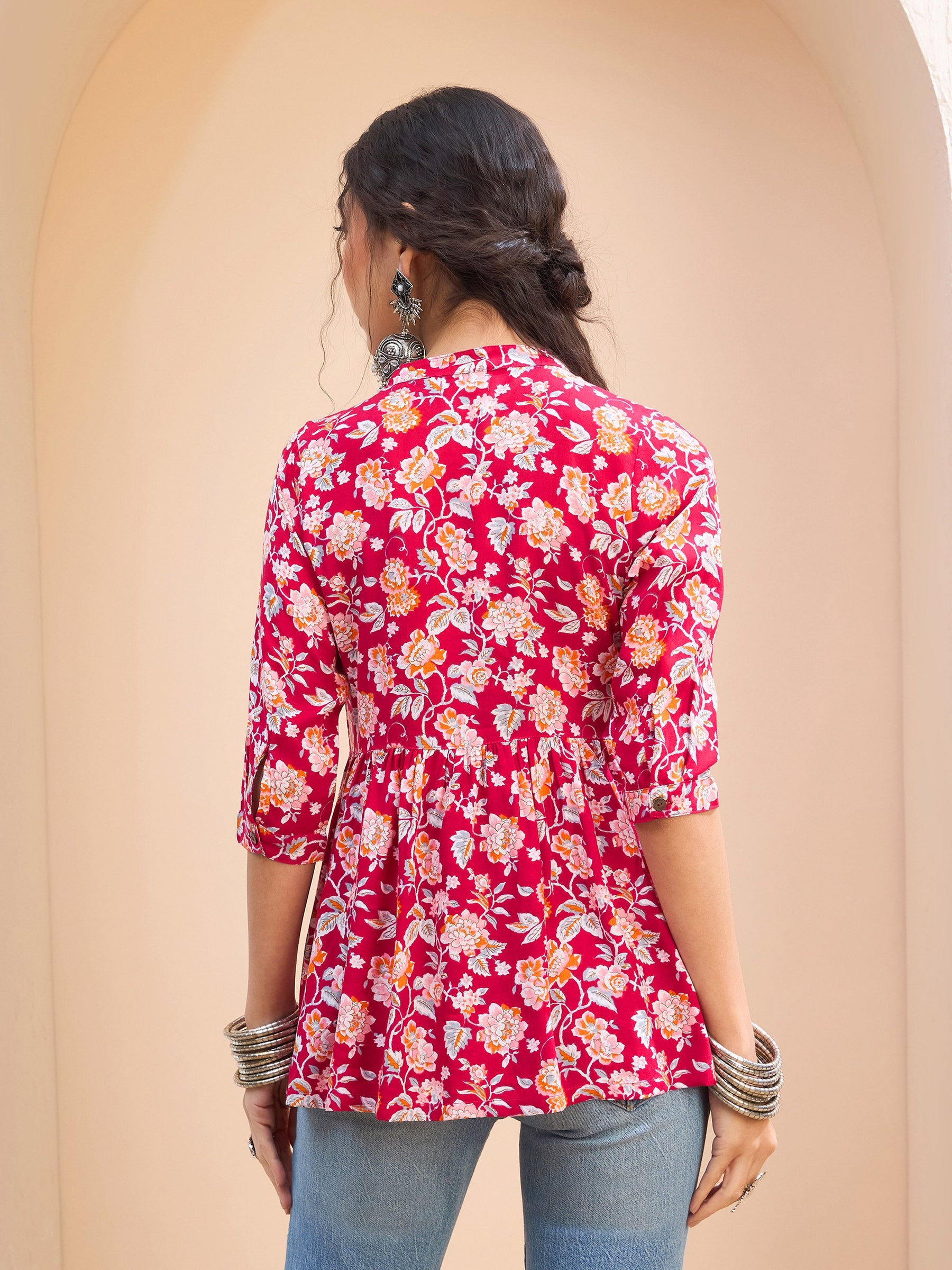 Red Floral Buttonned Gathered Kurti -Shae by SASSAFRAS