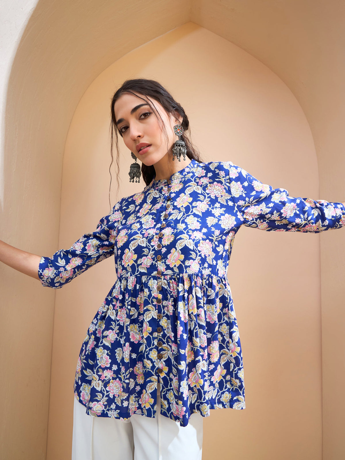 Blue Floral Buttonned Gathered Kurti -Shae by SASSAFRAS