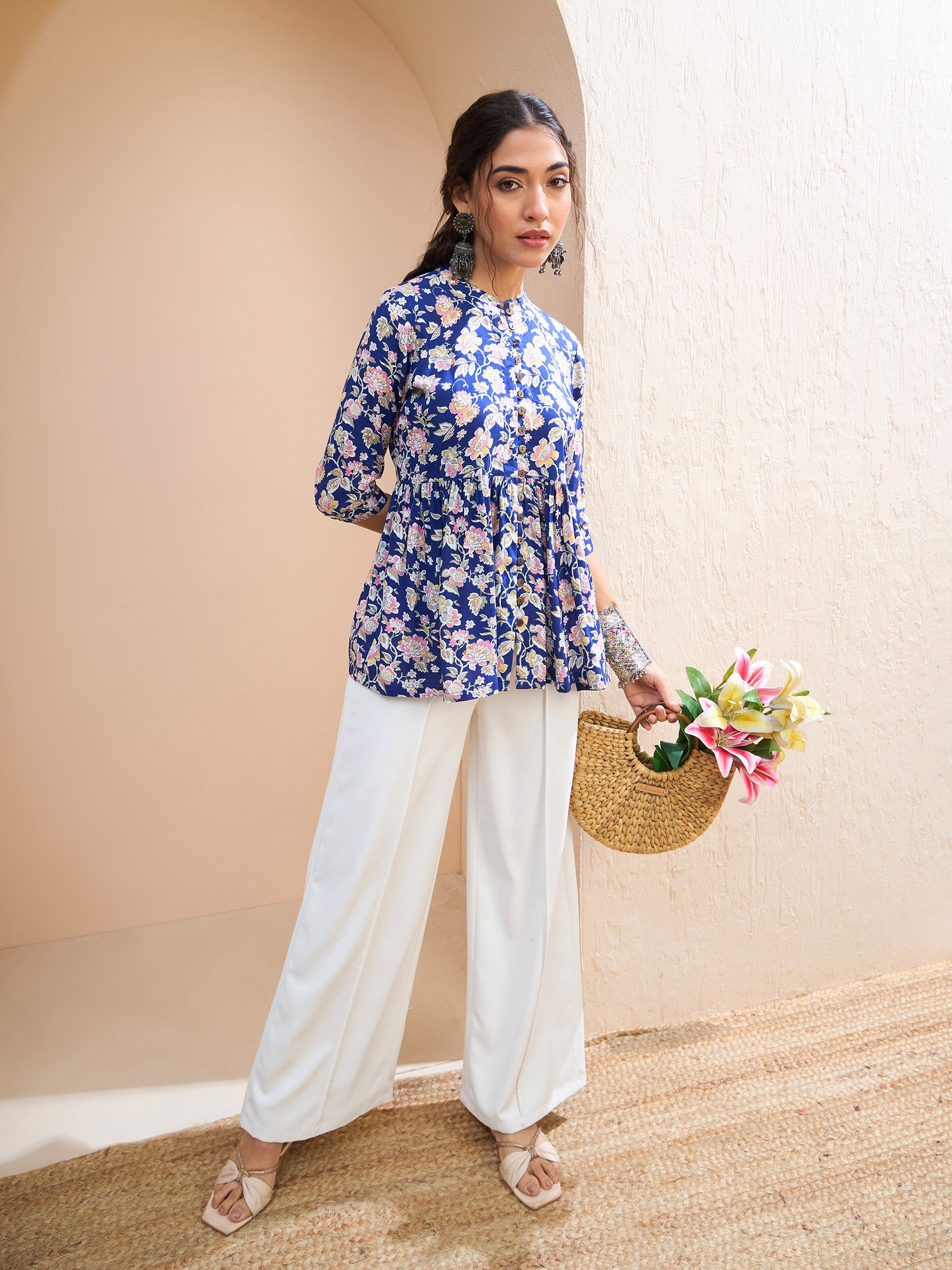 Blue Floral Buttonned Gathered Kurti -Shae by SASSAFRAS